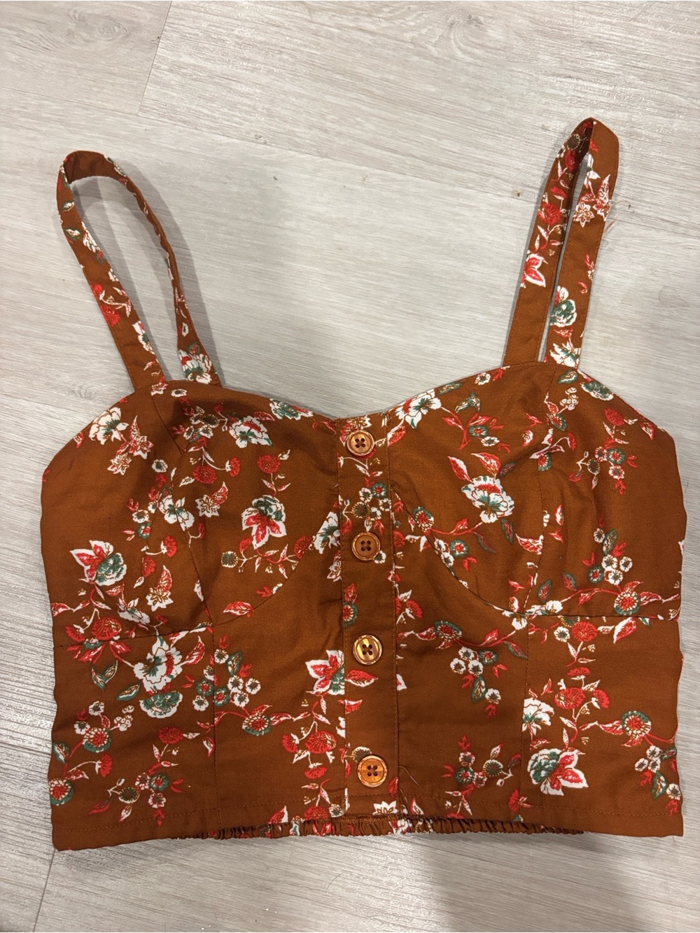 Rust Floral Button-Front Crop Top with Adjustable Straps